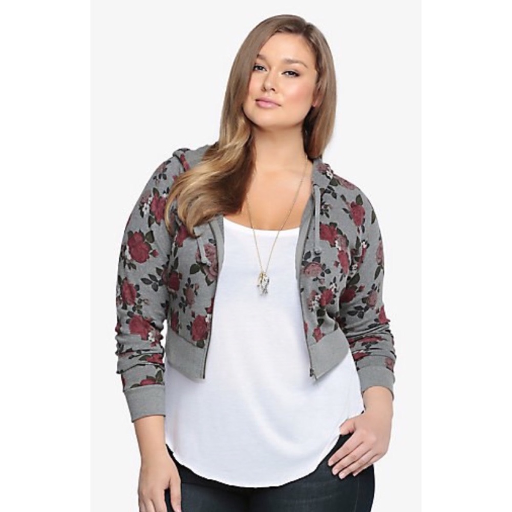Torrid Gray & Red Floral Print Cropped Hoodie